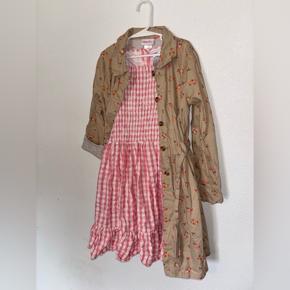 NWOT Little Lass Pink Easter Dress with Beige Floral Trench Coat